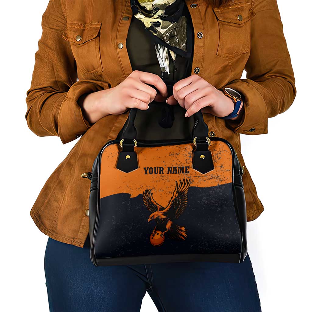 Flying Eagle Carrying Bowling Ball Shoulder Handbag with Grunge Orange and Black Splatter Design TS04