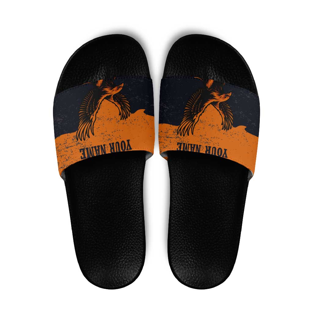 Flying Eagle Carrying Bowling Ball Slide Sandals with Grunge Orange and Black Splatter Design TS04