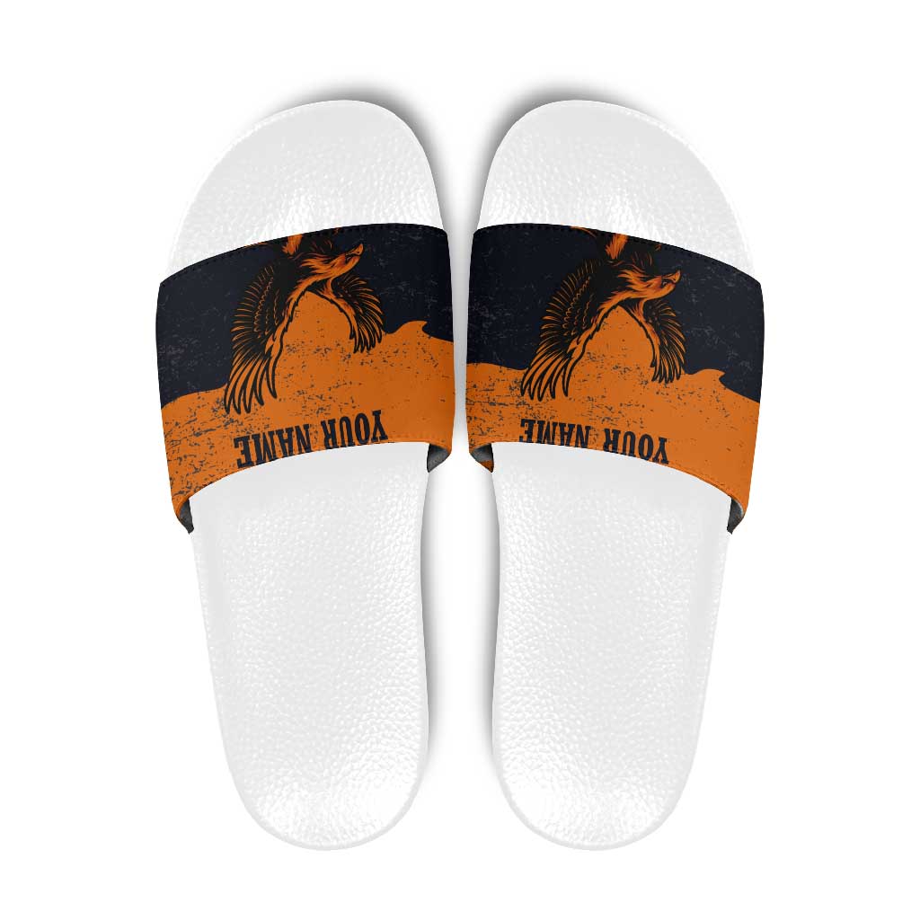 Flying Eagle Carrying Bowling Ball Slide Sandals with Grunge Orange and Black Splatter Design TS04