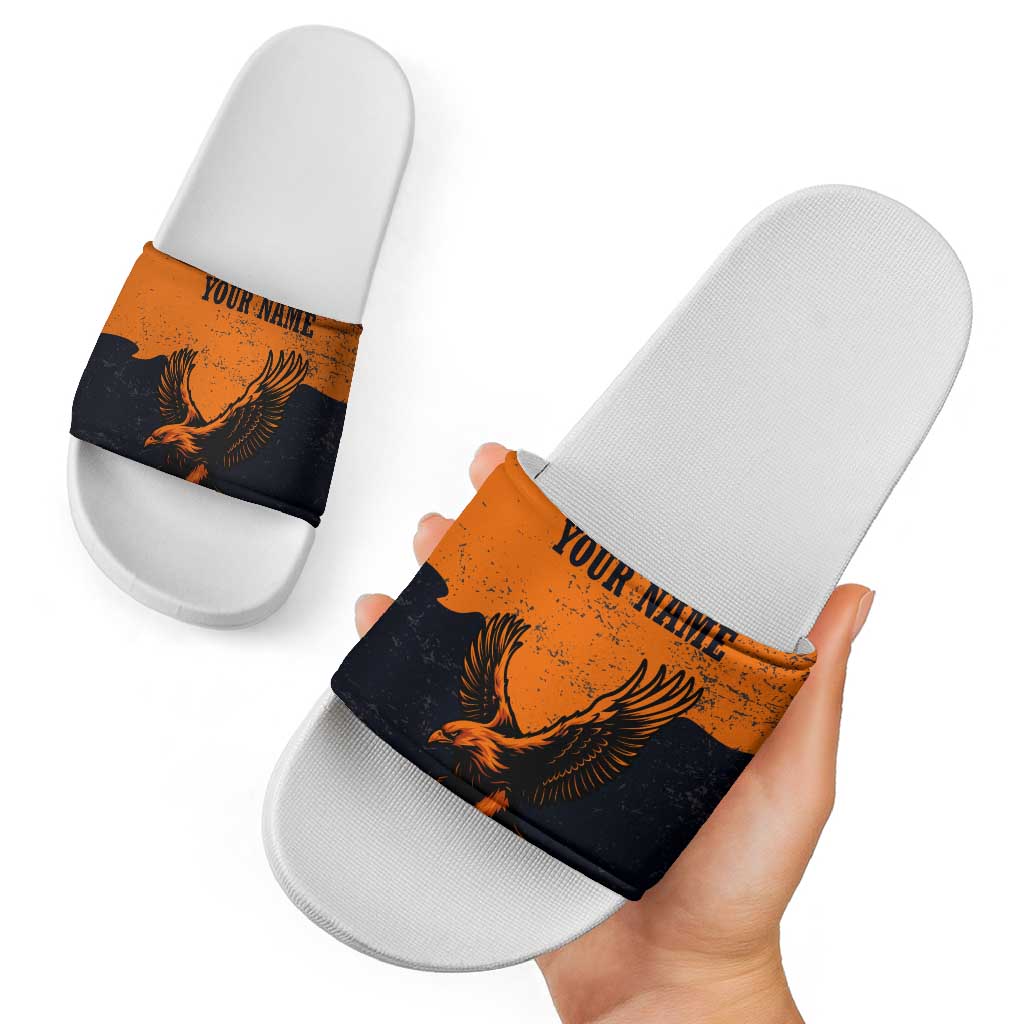 Flying Eagle Carrying Bowling Ball Slide Sandals with Grunge Orange and Black Splatter Design TS04