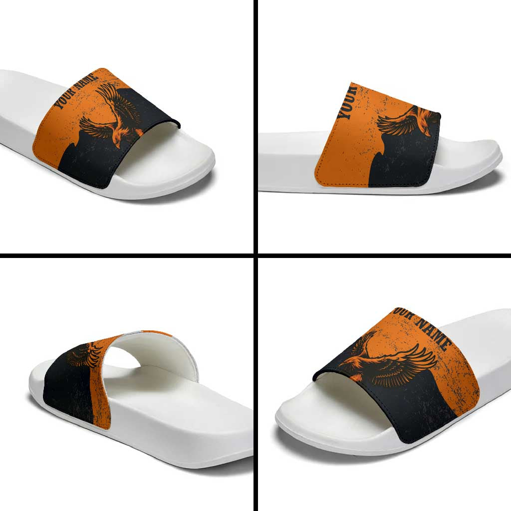 Flying Eagle Carrying Bowling Ball Slide Sandals with Grunge Orange and Black Splatter Design TS04