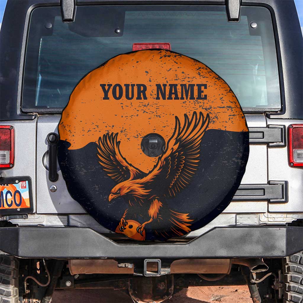 Flying Eagle Carrying Bowling Ball Spare Tire Cover with Grunge Orange and Black Splatter Design TS04