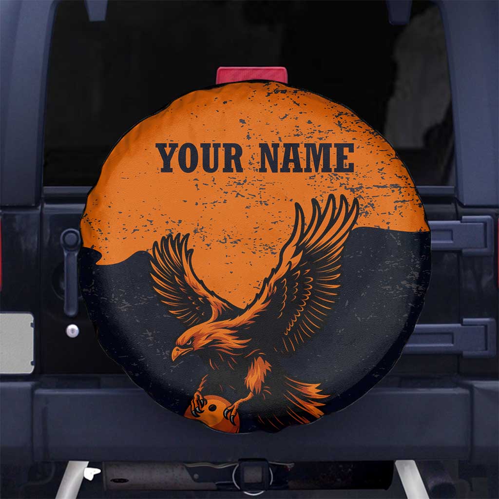 Flying Eagle Carrying Bowling Ball Spare Tire Cover with Grunge Orange and Black Splatter Design TS04
