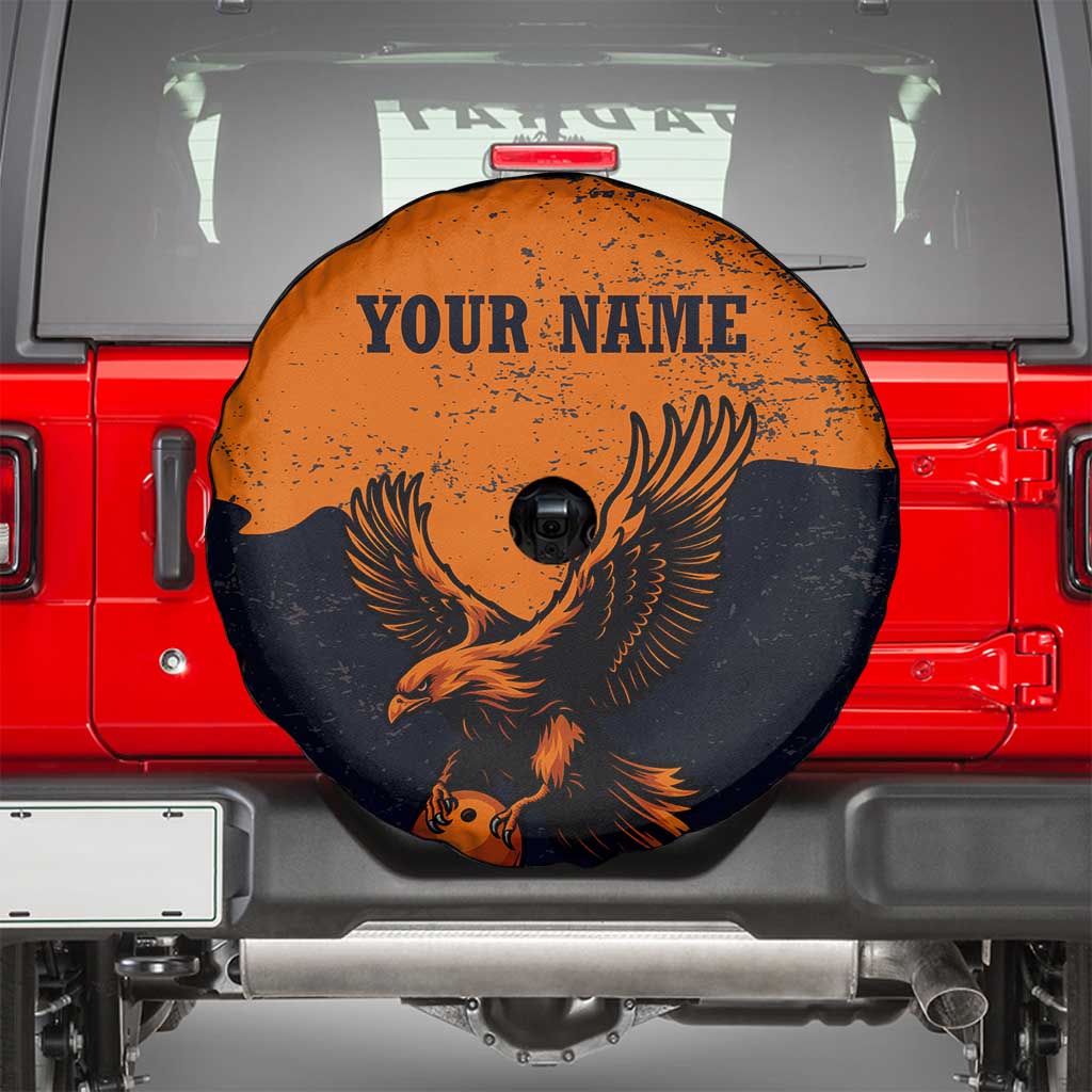 Flying Eagle Carrying Bowling Ball Spare Tire Cover with Grunge Orange and Black Splatter Design TS04