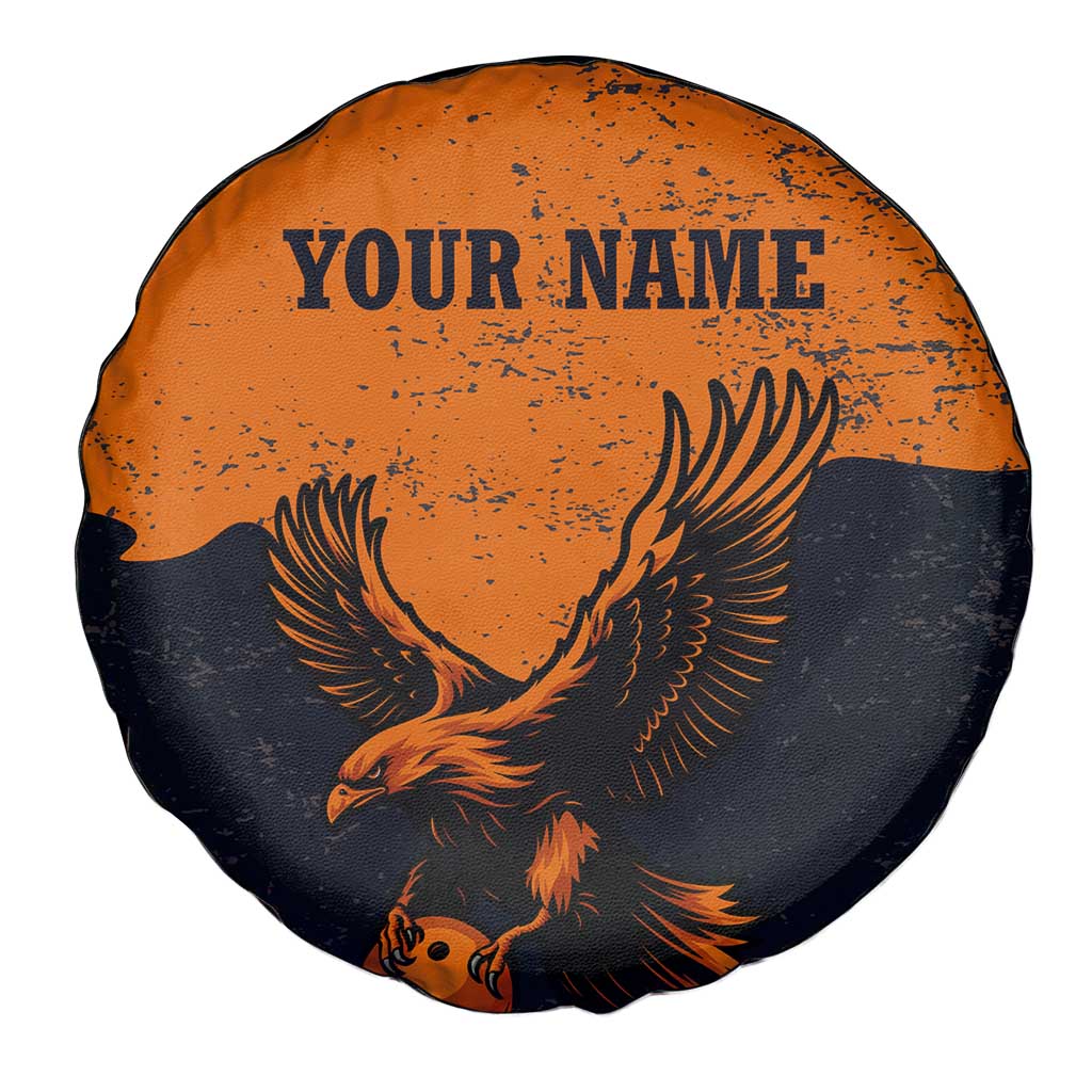 Flying Eagle Carrying Bowling Ball Spare Tire Cover with Grunge Orange and Black Splatter Design TS04