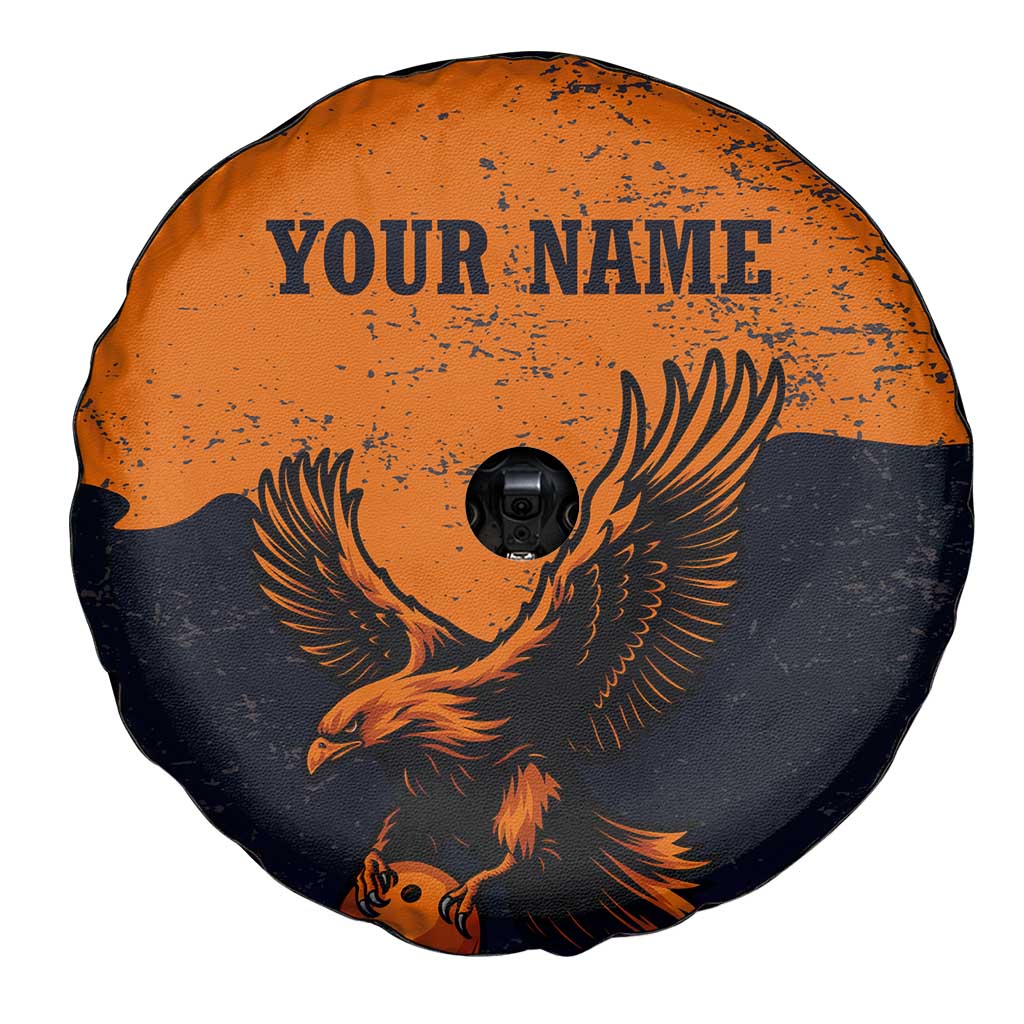Flying Eagle Carrying Bowling Ball Spare Tire Cover with Grunge Orange and Black Splatter Design TS04