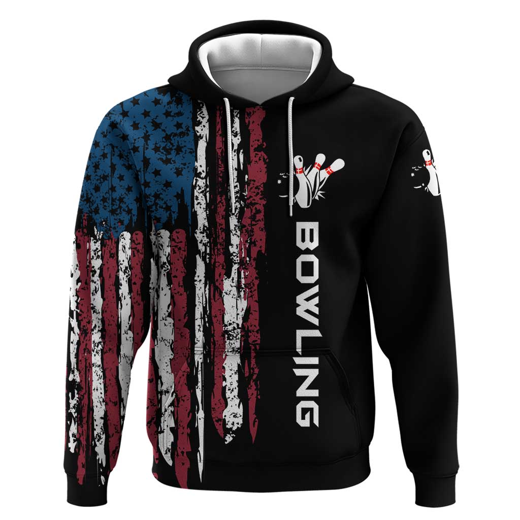Distressed American Flag Hoodie with Bowling Pins and Ball Vertical Stripe Design TS04