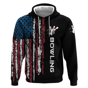Distressed American Flag Hoodie with Bowling Pins and Ball Vertical Stripe Design TS04