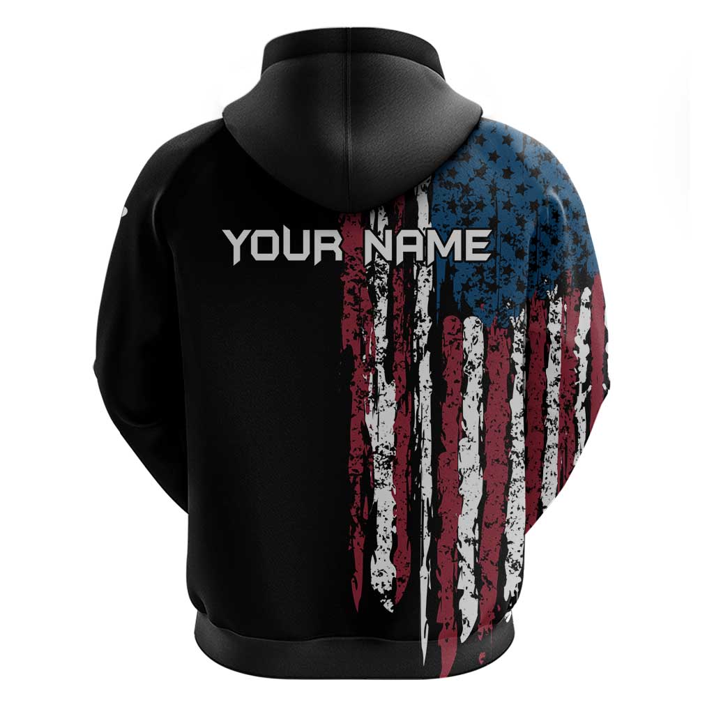 Distressed American Flag Hoodie with Bowling Pins and Ball Vertical Stripe Design TS04