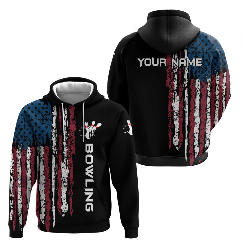 Distressed American Flag Hoodie with Bowling Pins and Ball Vertical Stripe Design TS04
