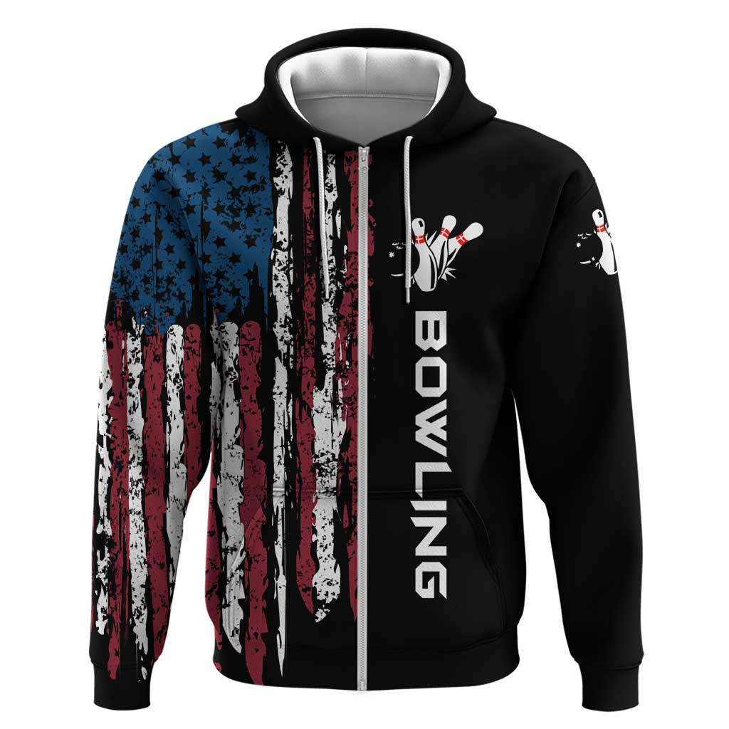 Distressed American Flag Hoodie with Bowling Pins and Ball Vertical Stripe Design TS04