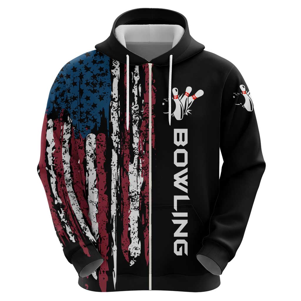 Distressed American Flag Hoodie with Bowling Pins and Ball Vertical Stripe Design TS04