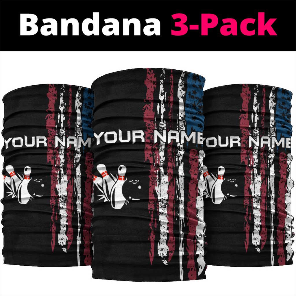 Distressed American Flag Neck Gaiter with Bowling Pins and Ball Vertical Stripe Design TS04