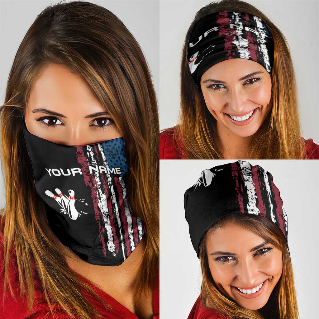 Distressed American Flag Neck Gaiter with Bowling Pins and Ball Vertical Stripe Design TS04