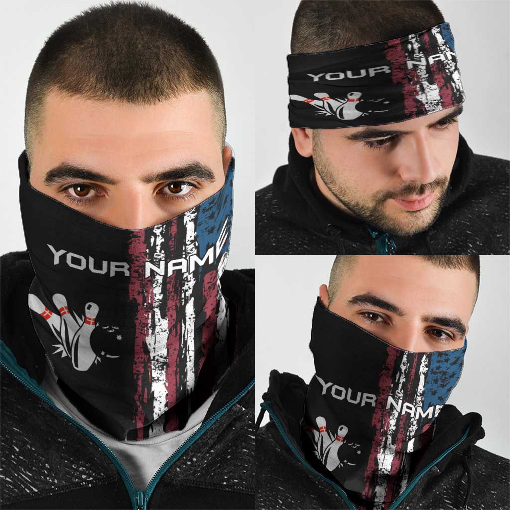 Distressed American Flag Neck Gaiter with Bowling Pins and Ball Vertical Stripe Design TS04