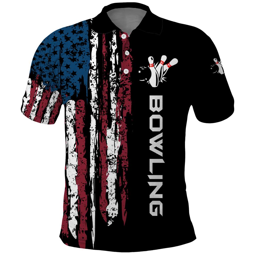 Distressed American Flag Polo Shirt with Bowling Pins and Ball Vertical Stripe Design TS04