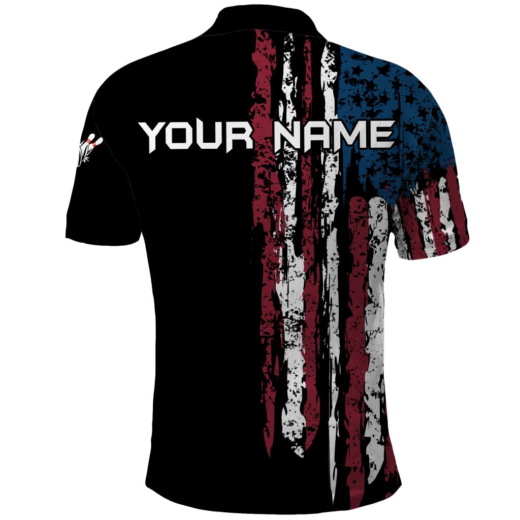 Distressed American Flag Polo Shirt with Bowling Pins and Ball Vertical Stripe Design TS04