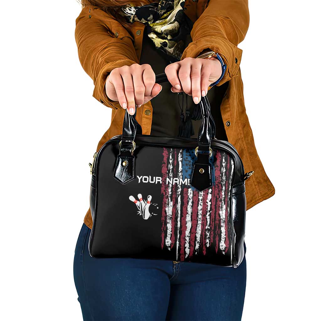 Distressed American Flag Shoulder Handbag with Bowling Pins and Ball Vertical Stripe Design TS04