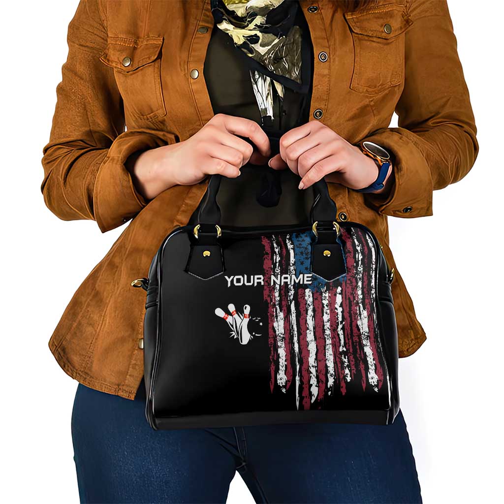 Distressed American Flag Shoulder Handbag with Bowling Pins and Ball Vertical Stripe Design TS04