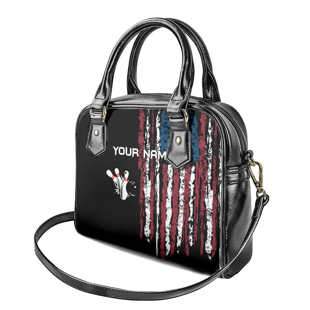 Distressed American Flag Shoulder Handbag with Bowling Pins and Ball Vertical Stripe Design TS04