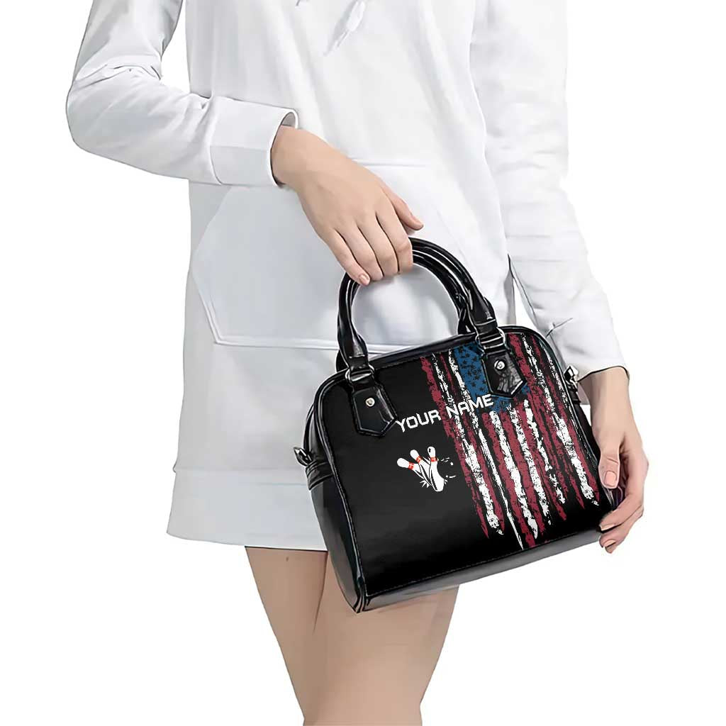 Distressed American Flag Shoulder Handbag with Bowling Pins and Ball Vertical Stripe Design TS04