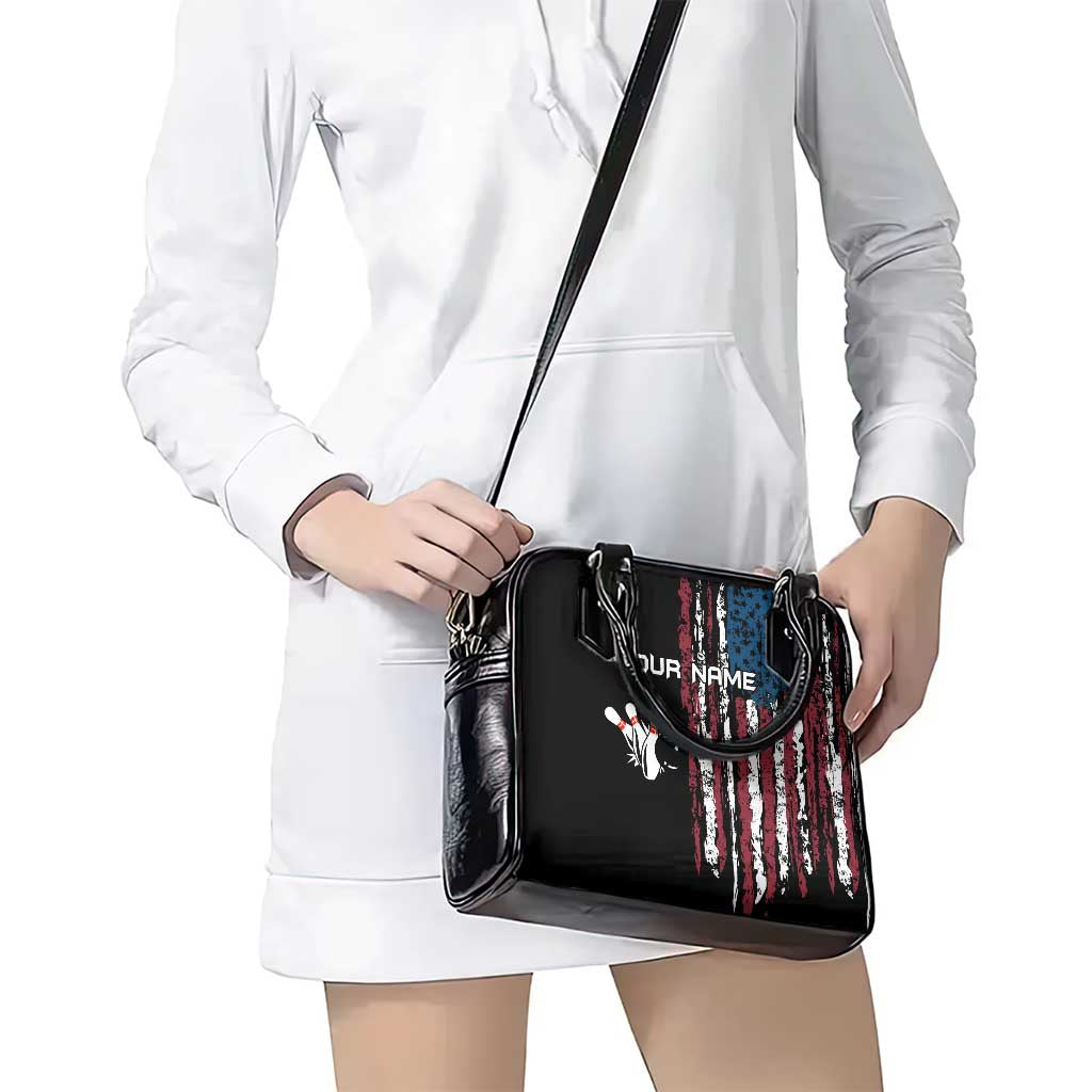 Distressed American Flag Shoulder Handbag with Bowling Pins and Ball Vertical Stripe Design TS04