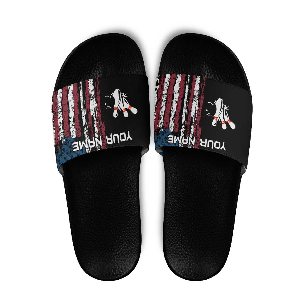 Distressed American Flag Slide Sandals with Bowling Pins and Ball Vertical Stripe Design TS04