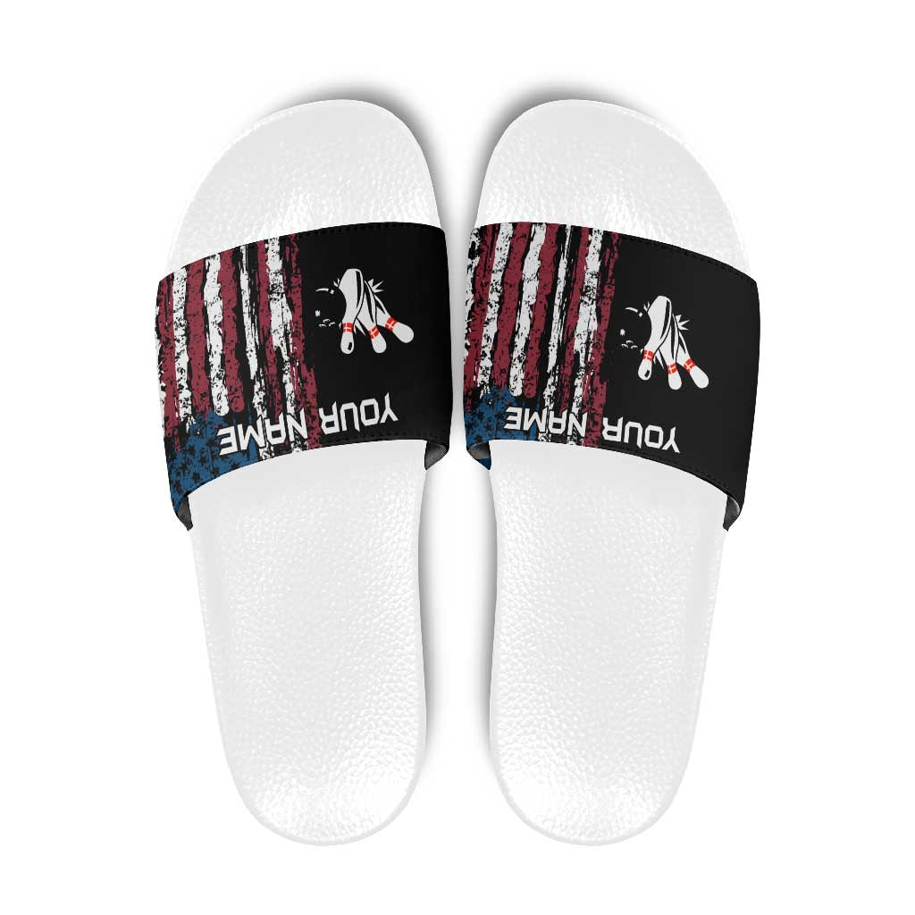 Distressed American Flag Slide Sandals with Bowling Pins and Ball Vertical Stripe Design TS04