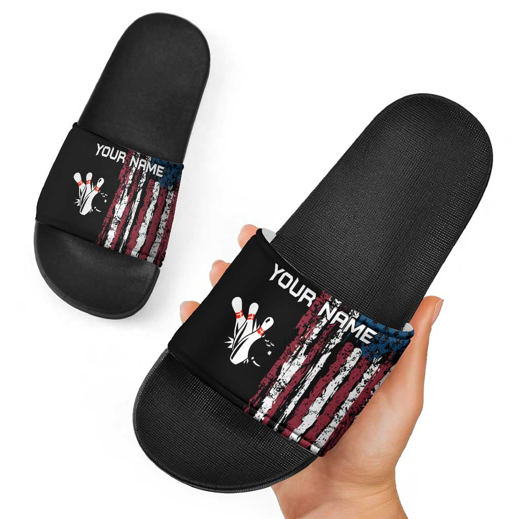 Distressed American Flag Slide Sandals with Bowling Pins and Ball Vertical Stripe Design TS04