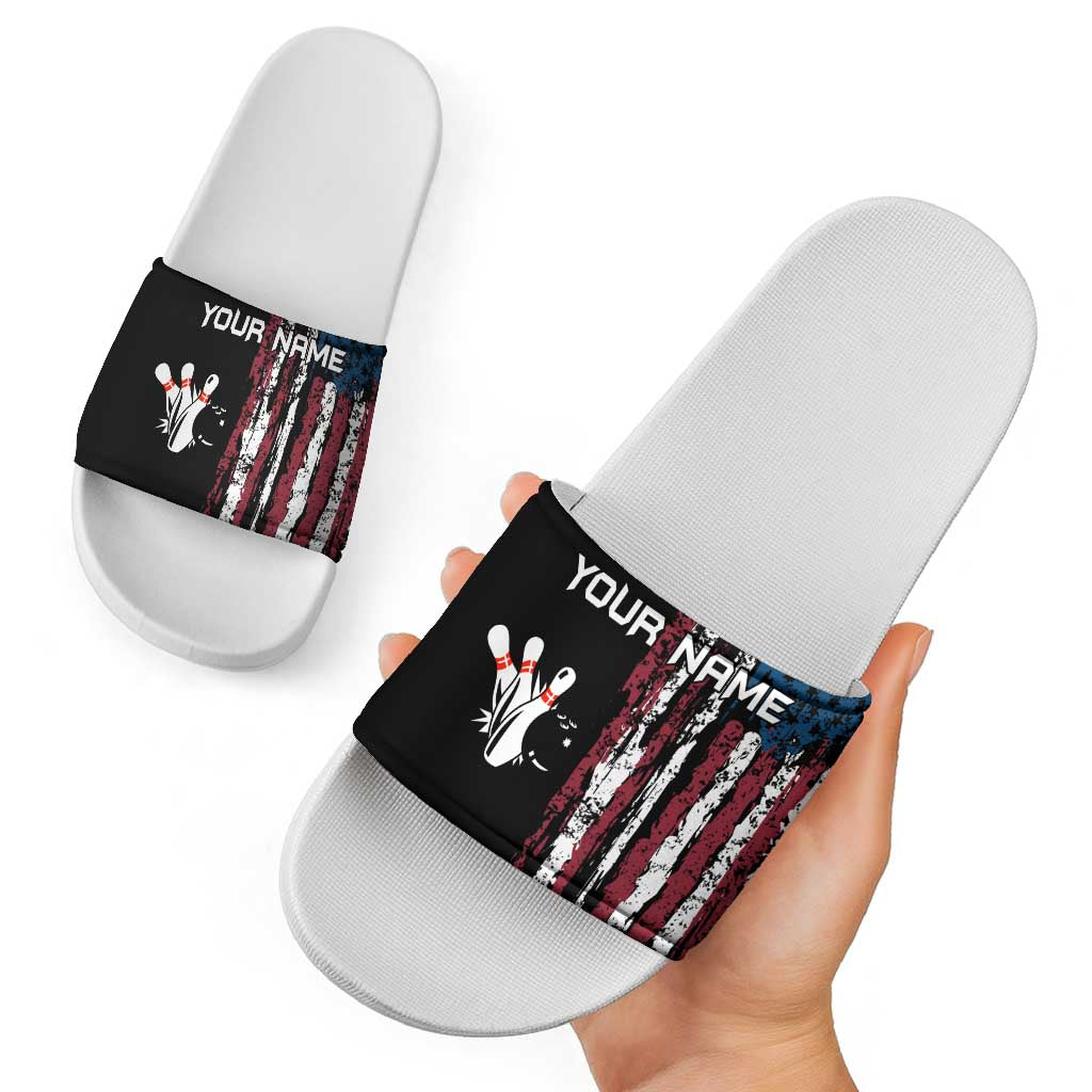 Distressed American Flag Slide Sandals with Bowling Pins and Ball Vertical Stripe Design TS04