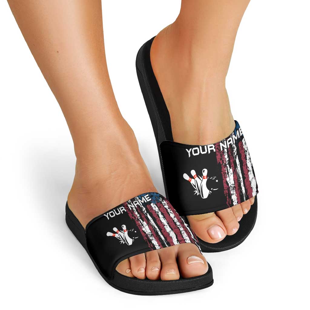 Distressed American Flag Slide Sandals with Bowling Pins and Ball Vertical Stripe Design TS04
