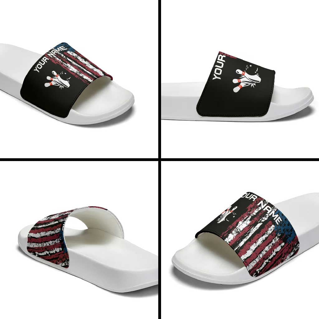 Distressed American Flag Slide Sandals with Bowling Pins and Ball Vertical Stripe Design TS04