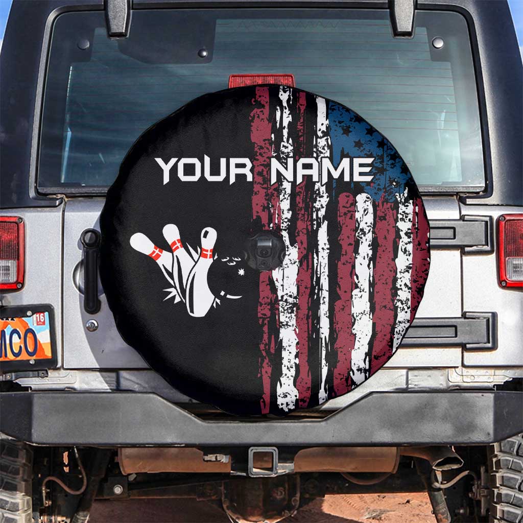 Distressed American Flag Spare Tire Cover with Bowling Pins and Ball Vertical Stripe Design TS04