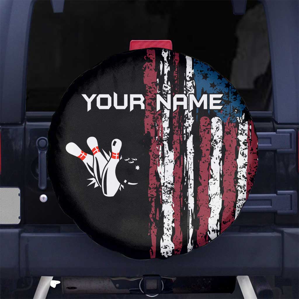 Distressed American Flag Spare Tire Cover with Bowling Pins and Ball Vertical Stripe Design TS04