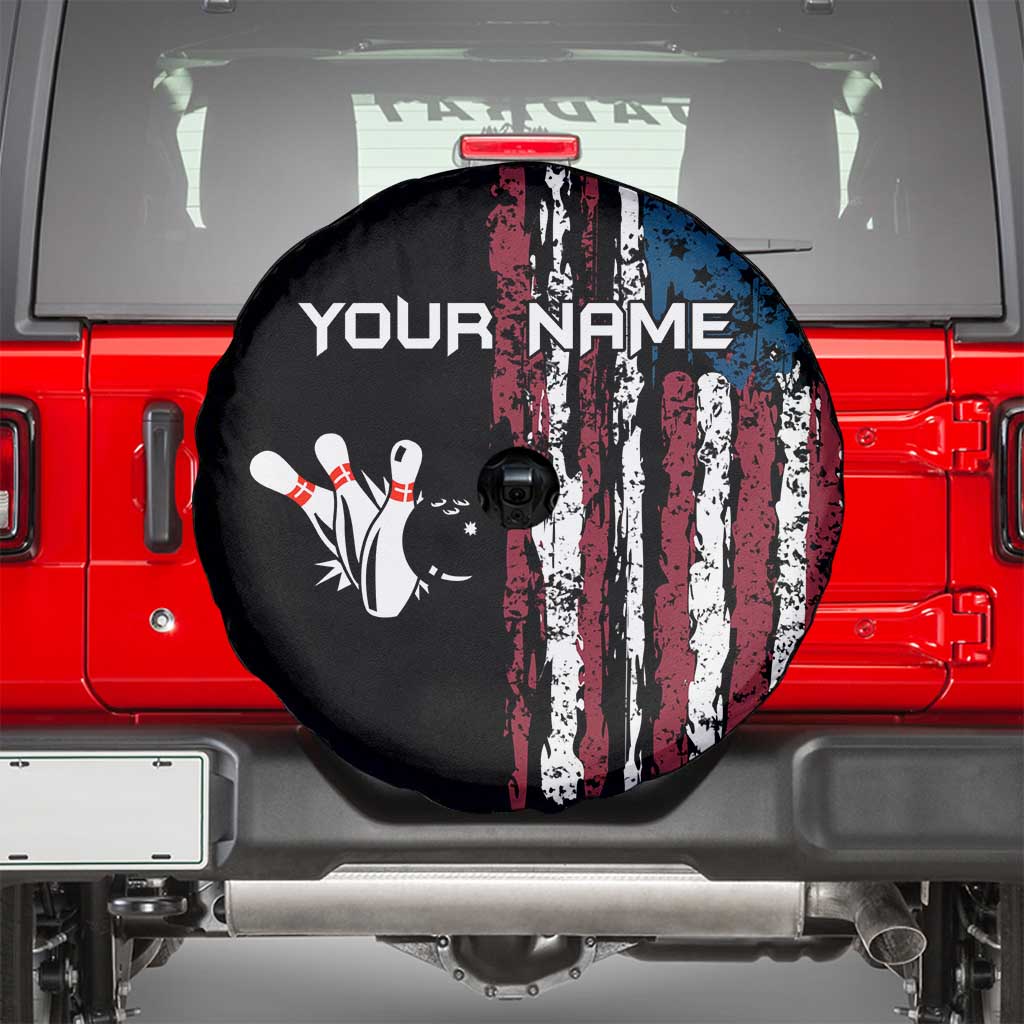 Distressed American Flag Spare Tire Cover with Bowling Pins and Ball Vertical Stripe Design TS04