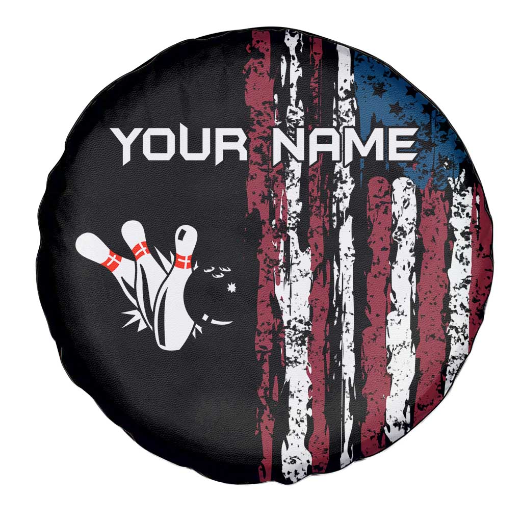 Distressed American Flag Spare Tire Cover with Bowling Pins and Ball Vertical Stripe Design TS04