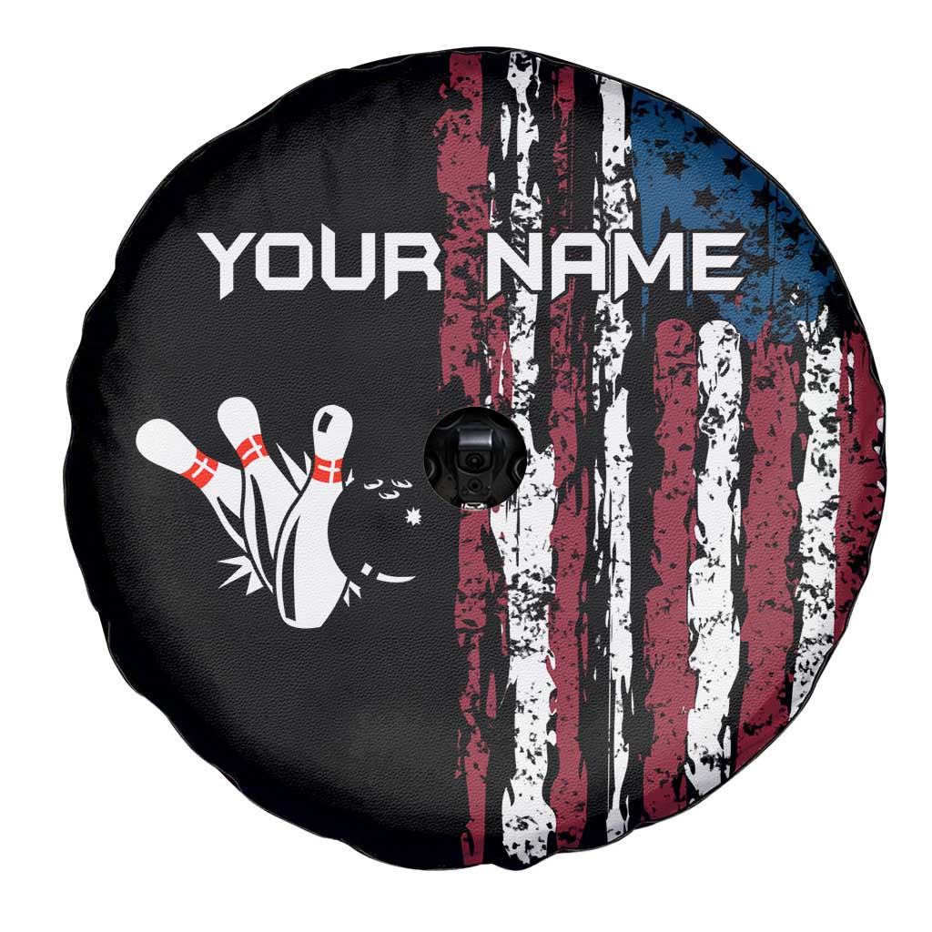 Distressed American Flag Spare Tire Cover with Bowling Pins and Ball Vertical Stripe Design TS04
