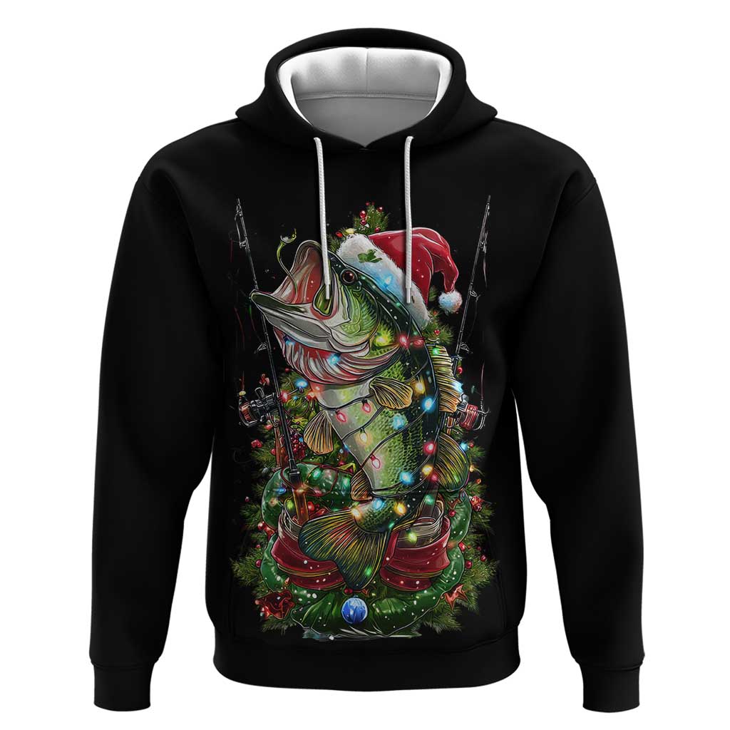 Custom Christmas Bass Fishing Hoodie Santa Hat and Holiday Lights on Black Background TS04