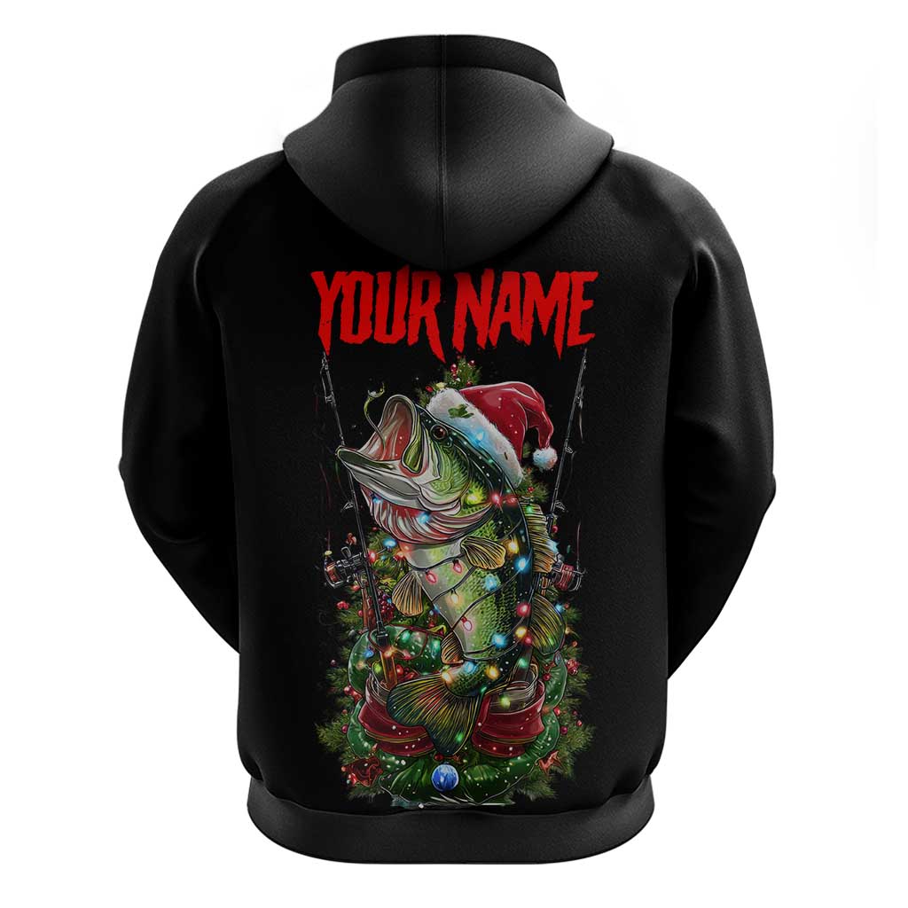 Custom Christmas Bass Fishing Hoodie Santa Hat and Holiday Lights on Black Background TS04