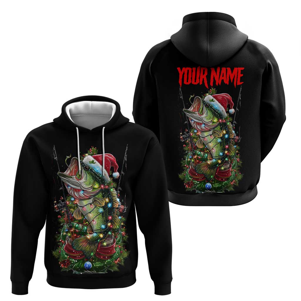 Custom Christmas Bass Fishing Hoodie Santa Hat and Holiday Lights on Black Background TS04