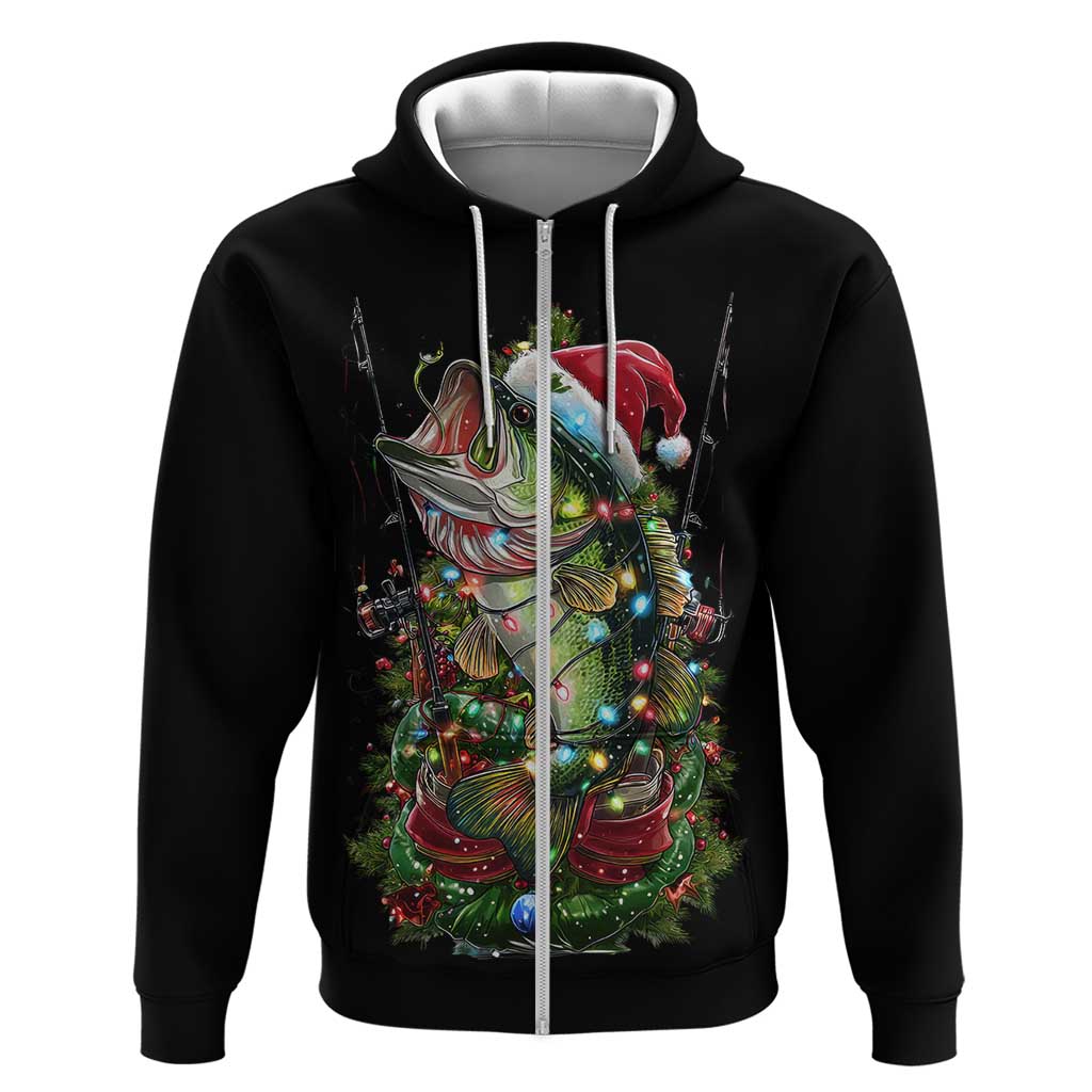 Custom Christmas Bass Fishing Hoodie Santa Hat and Holiday Lights on Black Background TS04