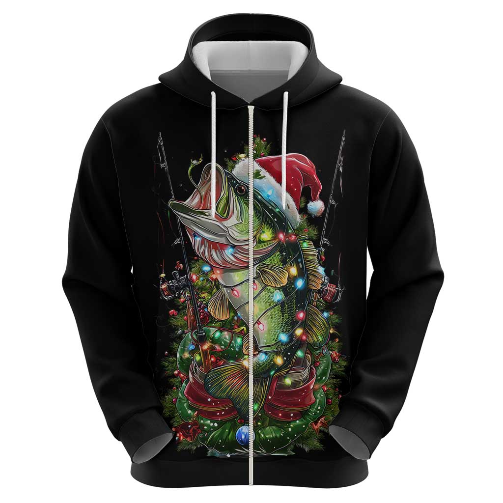 Custom Christmas Bass Fishing Hoodie Santa Hat and Holiday Lights on Black Background TS04