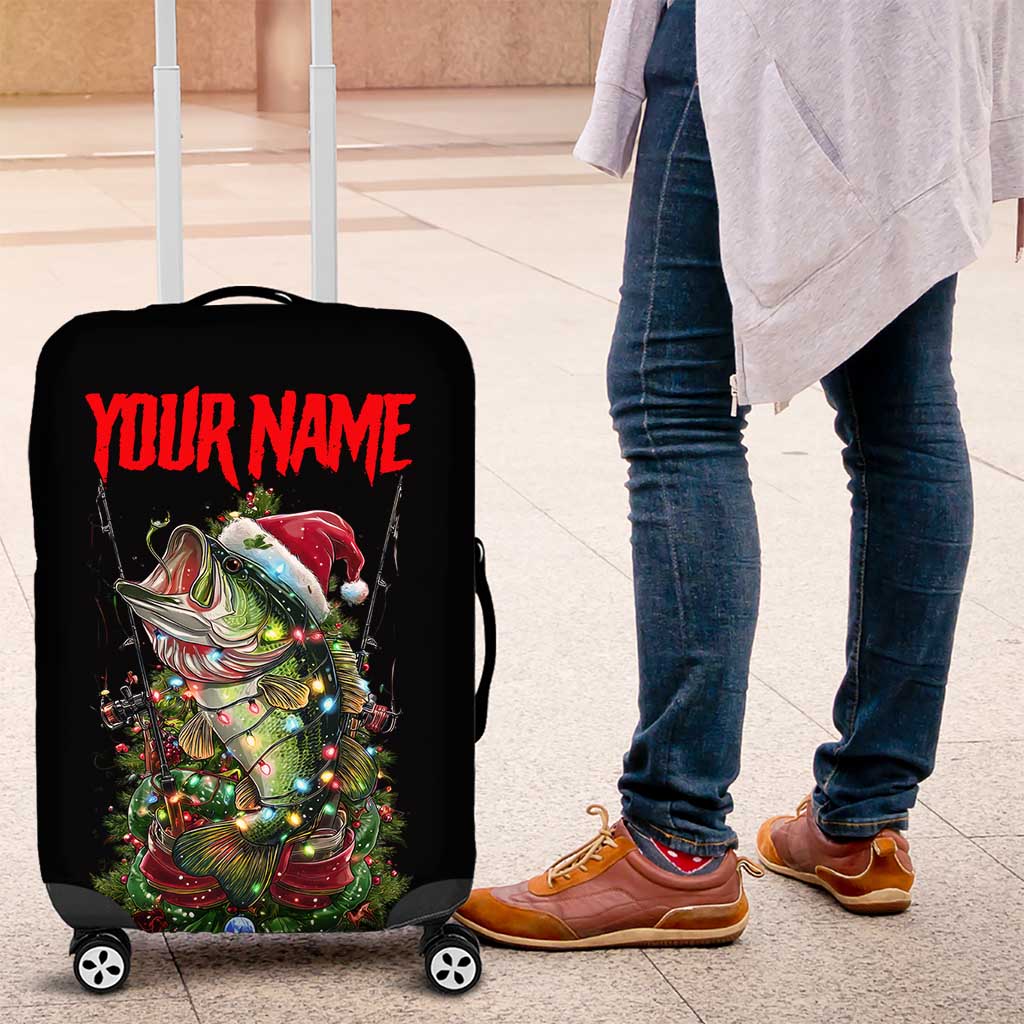 Custom Christmas Bass Fishing Luggage Cover Santa Hat and Holiday Lights on Black Background TS04