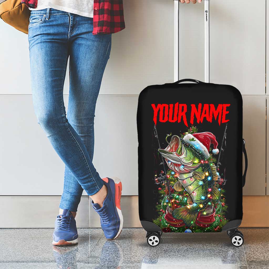 Custom Christmas Bass Fishing Luggage Cover Santa Hat and Holiday Lights on Black Background TS04