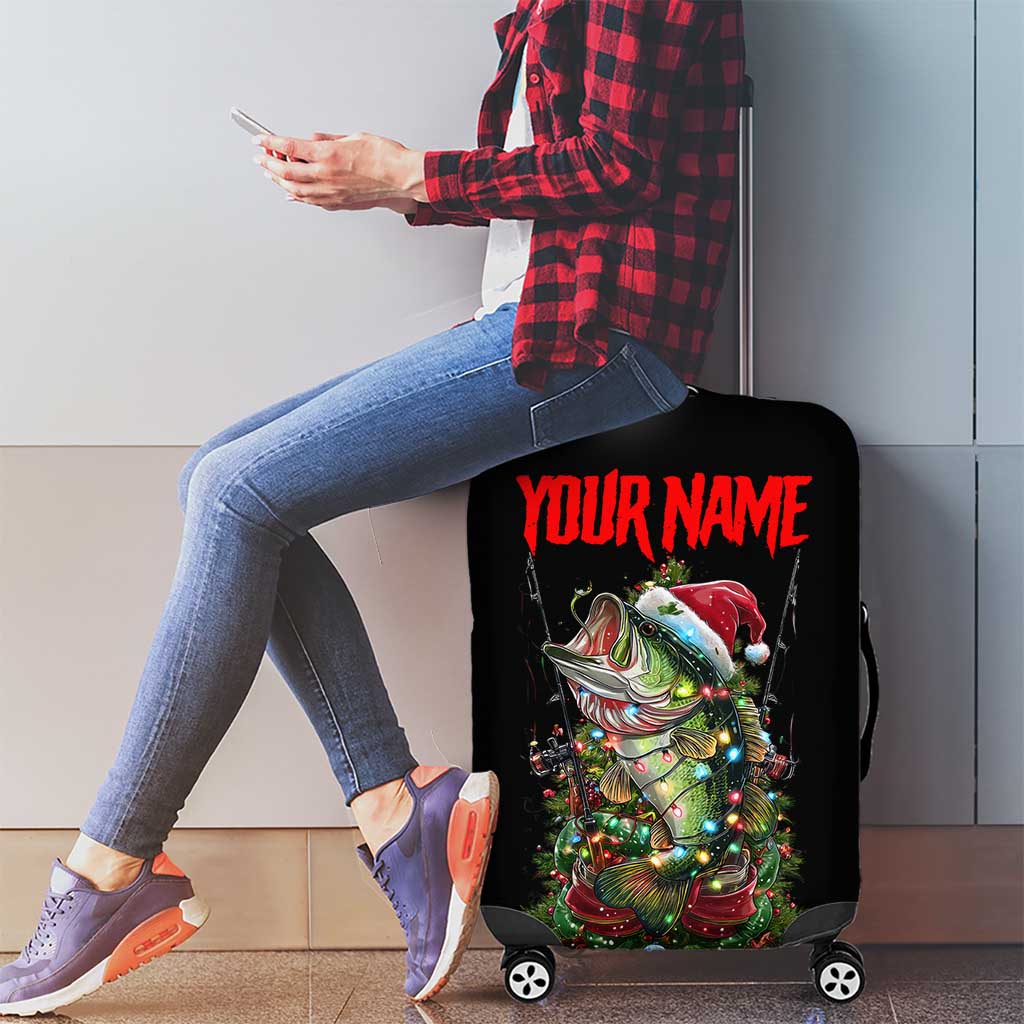 Custom Christmas Bass Fishing Luggage Cover Santa Hat and Holiday Lights on Black Background TS04