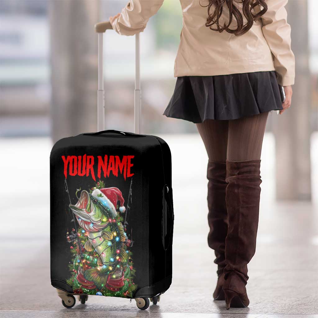 Custom Christmas Bass Fishing Luggage Cover Santa Hat and Holiday Lights on Black Background TS04