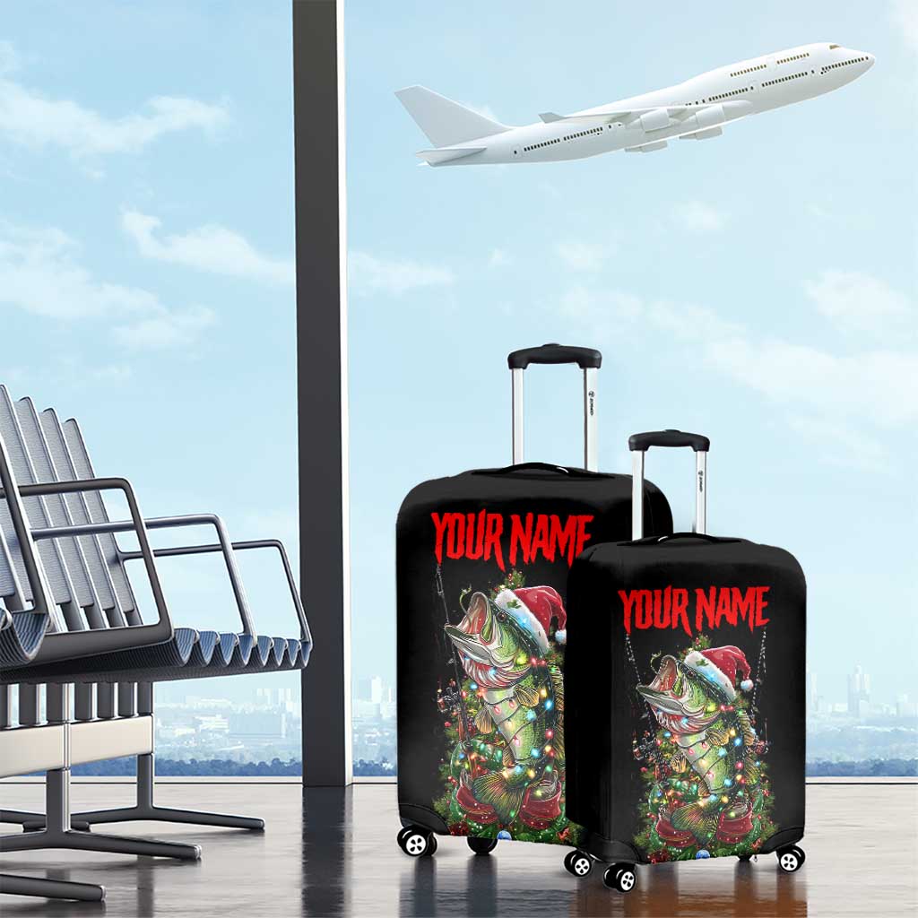 Custom Christmas Bass Fishing Luggage Cover Santa Hat and Holiday Lights on Black Background TS04
