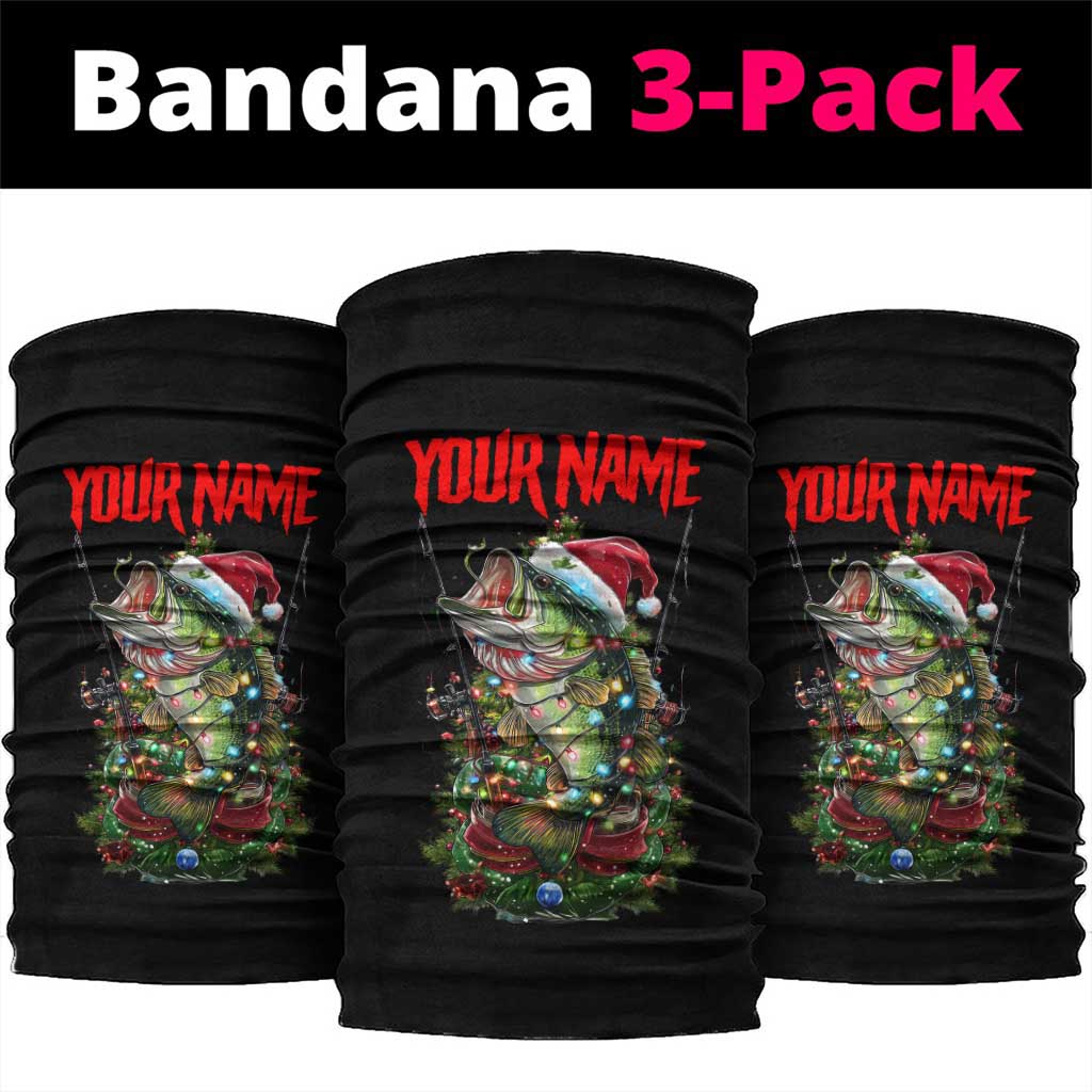 Custom Christmas Bass Fishing Neck Gaiter Santa Hat and Holiday Lights on Black Background TS04