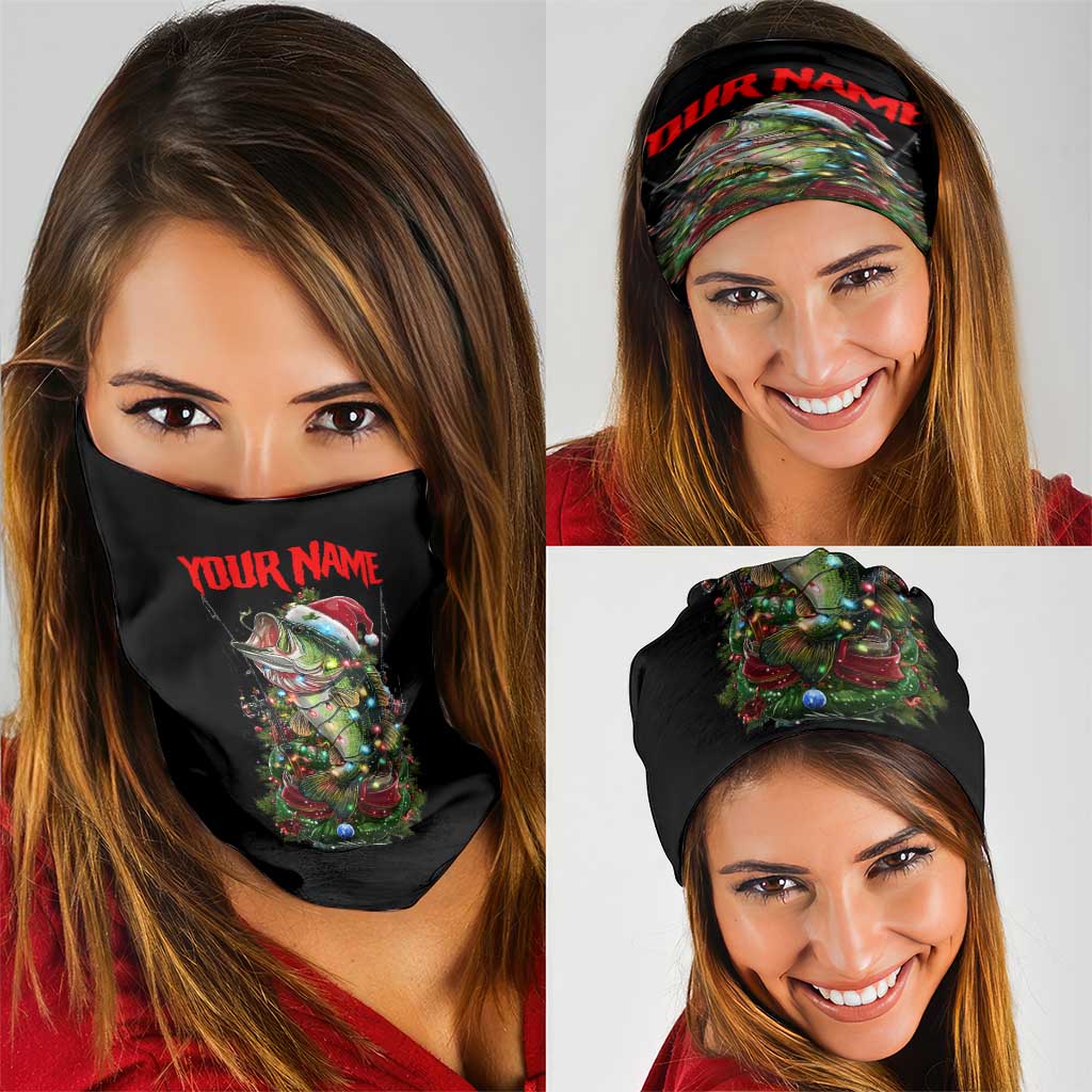 Custom Christmas Bass Fishing Neck Gaiter Santa Hat and Holiday Lights on Black Background TS04