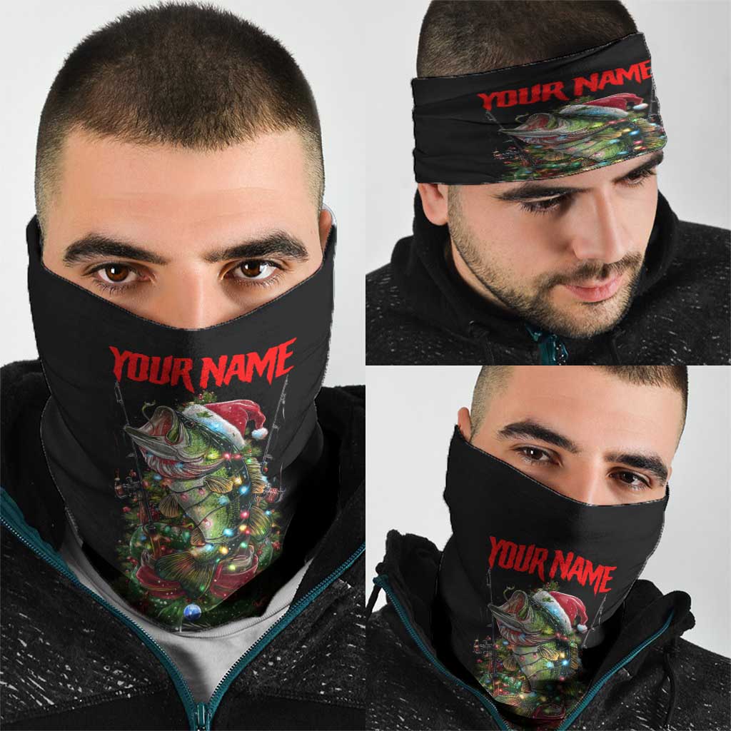 Custom Christmas Bass Fishing Neck Gaiter Santa Hat and Holiday Lights on Black Background TS04